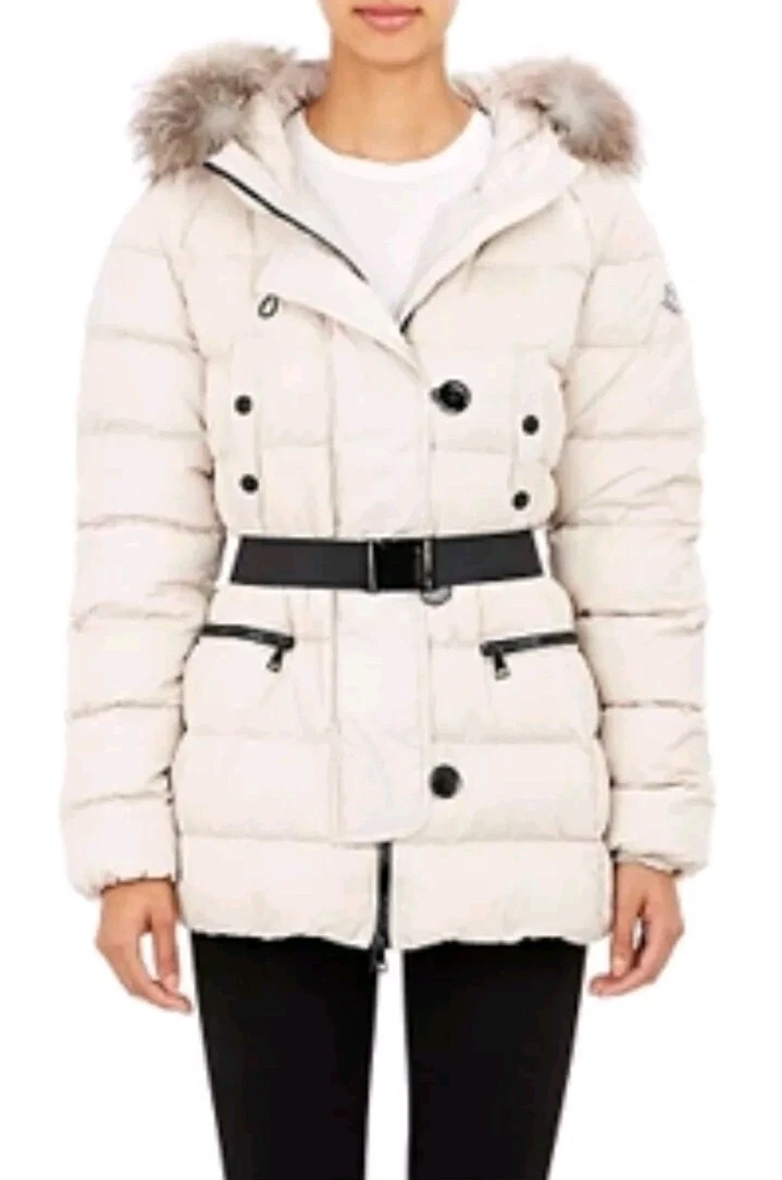 Autentico piumino Moncler Genette beige cintura pelliccia cappuccio puffer donna taglia 1 S