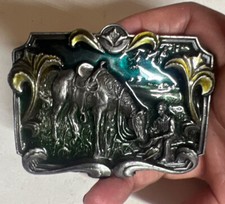 Vintage Bergamot Brass Belt Buckle Cowboy Feeding Horse Made in USA Color Enamel