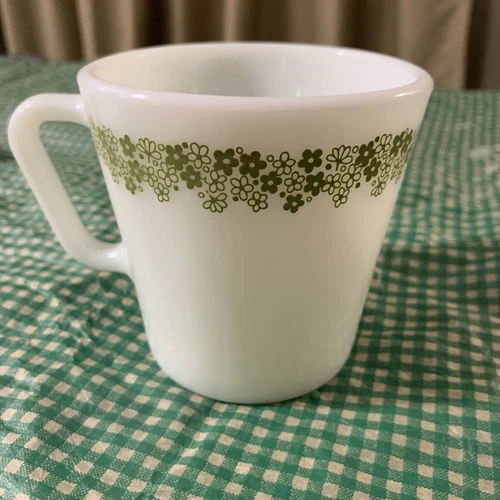 Vintage Pyrex  Green Spring Blossom / Crazy Daisy Milk Glass D mug coffee cup