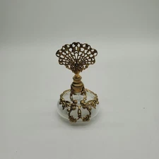 Hollywood Regency Ormolu Metal Filigree Glass Perfume Bottle with Fan Dauber