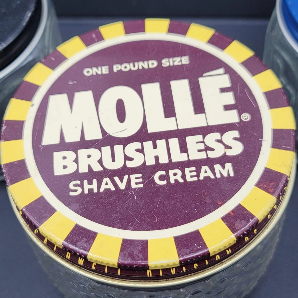 Lot of 3 Vintage Molle Barbosol Shaving Cream Embossed Glass Jars - Image 3 of 4