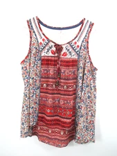 XHILARATION Sleeveless Top Women Large Red White Blue Floral Lace Trim Patriotic