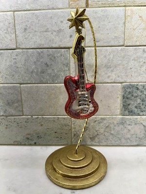 Red White Electric Guitar Hand Painted Blown Glass Christmas Ornament 5.5 Tall