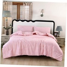 3PCS Pink Gingham Comforter Set 100 Washed Microfiber Queen Gingham Pink
