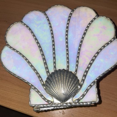 Vintage Shell Stained Glass Trinket Jewelry Box Hinged Lid