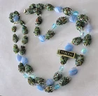 Vtg 1950's 2 Strand Green Sugar  & Blue Lampwork Glass Beaded Necklace Japan