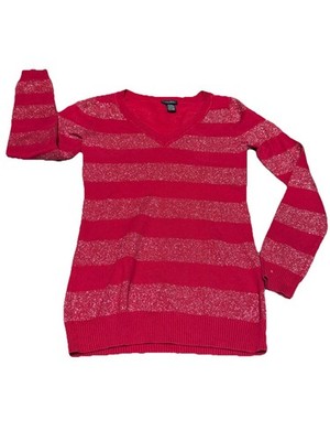 Rue 21 Red And Silver Metallic Lurex Stripped V- Neck Knit Sweater Small 