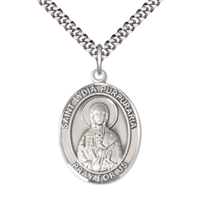 Sterling Silver Saint Lydia Purpuraria Medal 24'' Lobster Claw Chain Necklace