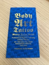 Art Tattoo, Master Tattoo Artist, Bristol, England, Phil Barry. 1990 Biz Card