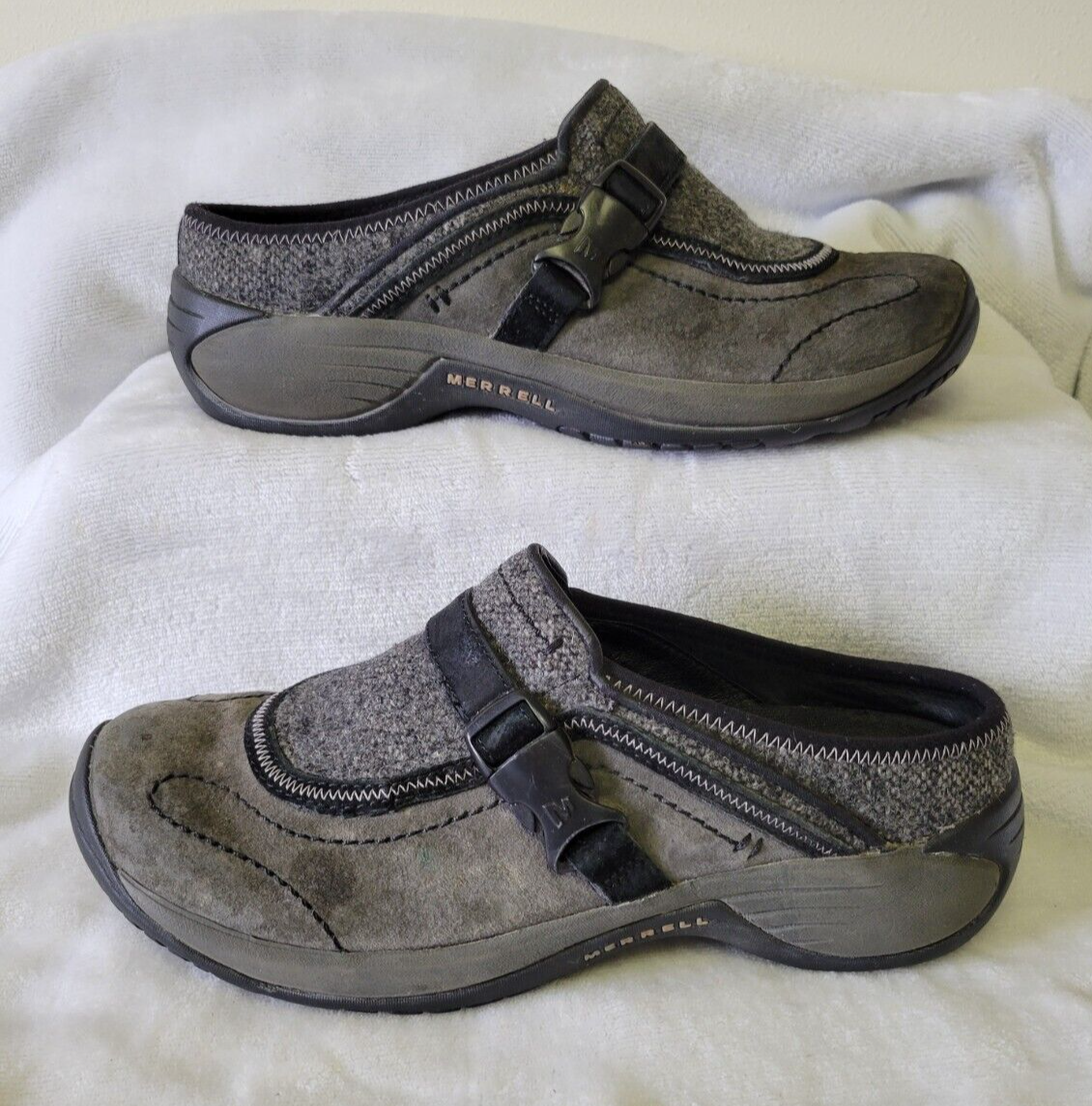 Merrell Encore Sidestep donna grigio slip on scamosciato lana comfort mules taglia US 8 5