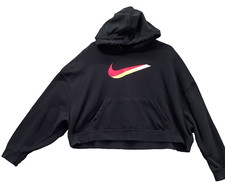 NIKE Crop Top Sweatshirt Hoodie Womens Size M Black Big Swoosh Hooded Oversized