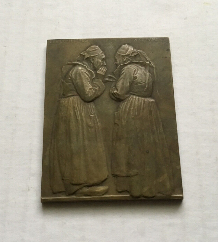 Vtg 1912 A. Schwab Bronze Plaque Les Commeres V. Canale Stamp 2 Ladies Gossiping