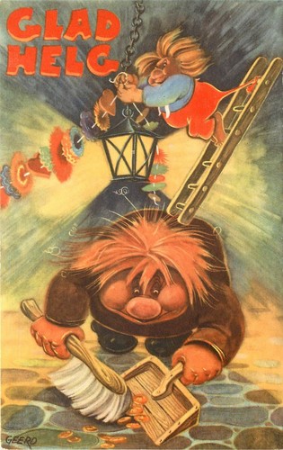 Swedish Ogres Vintage Fantasy Postcard A/S Geerd Giant Ogre Sweeps up Gold Glad Helg ...