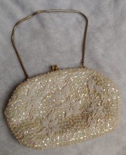 Vintage Beaded Hand Made Hong Kong White Rhinestone Gold Purse Bag Handbag