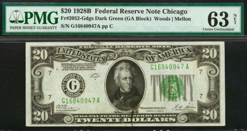 1928B $20 FRN PMG 63 Chicago Redeemable in Gold Fr 2052-Gdgs - Picture 1 of 2