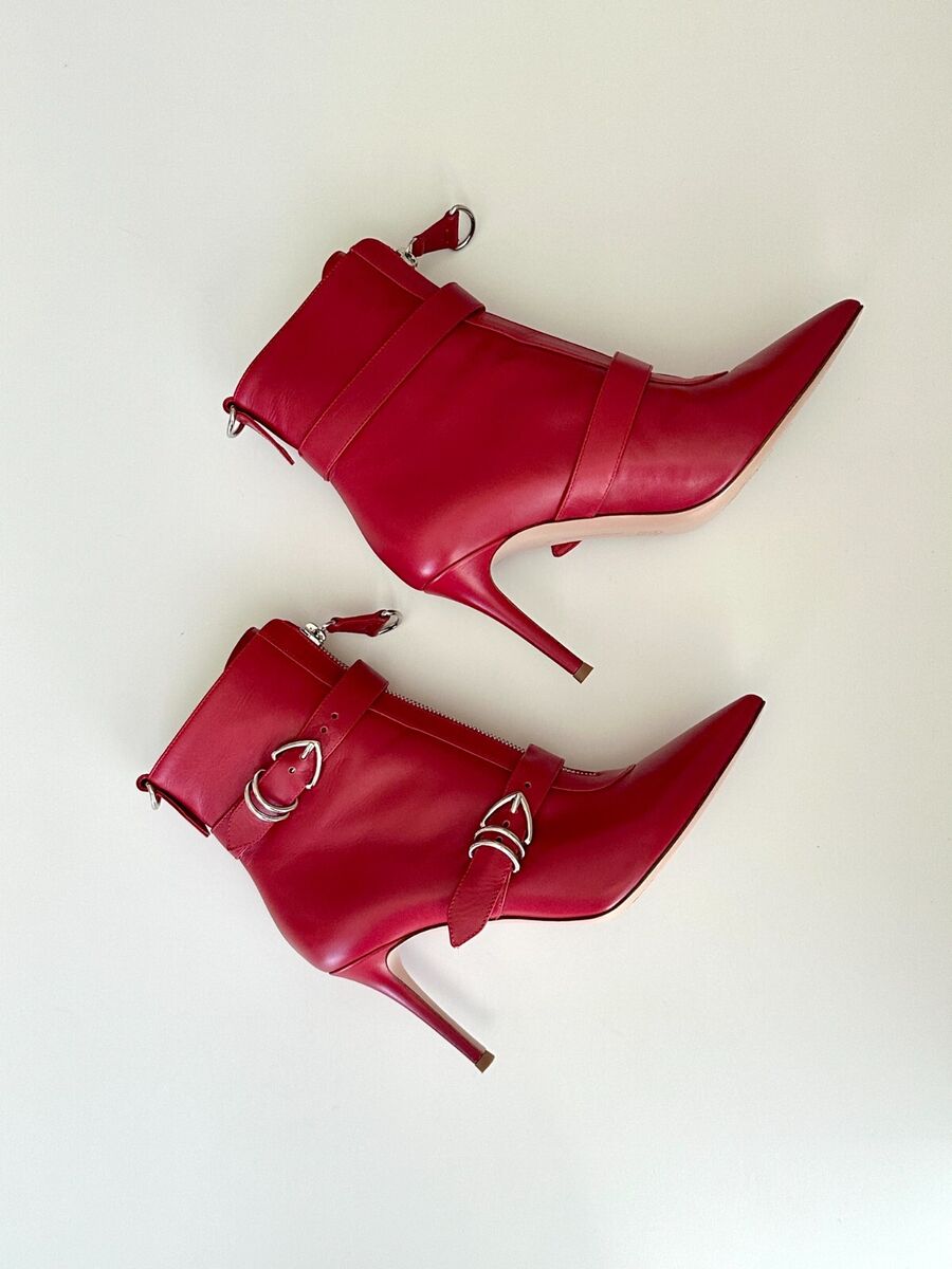 GIANVITO ROSSI Red Leather Zip Front Buckle Ankle Boots GIANVITO ROSSI Red Leather Zip Front Buckle Ankle Boots