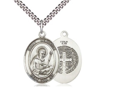 St Benedict Medal 1'' High Sterling  Medal on a 24'' Endless Rhodium Curb Chain