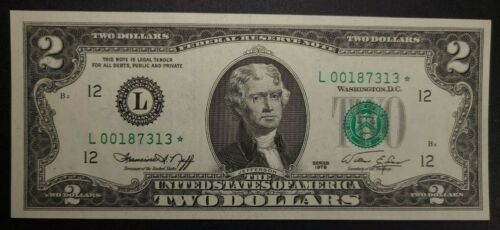 1976 $ 2 gwiazdki banknot nieobiegowy niski serial # BP # 3 Shift Error Note  - Zdjęcie 1 z 9