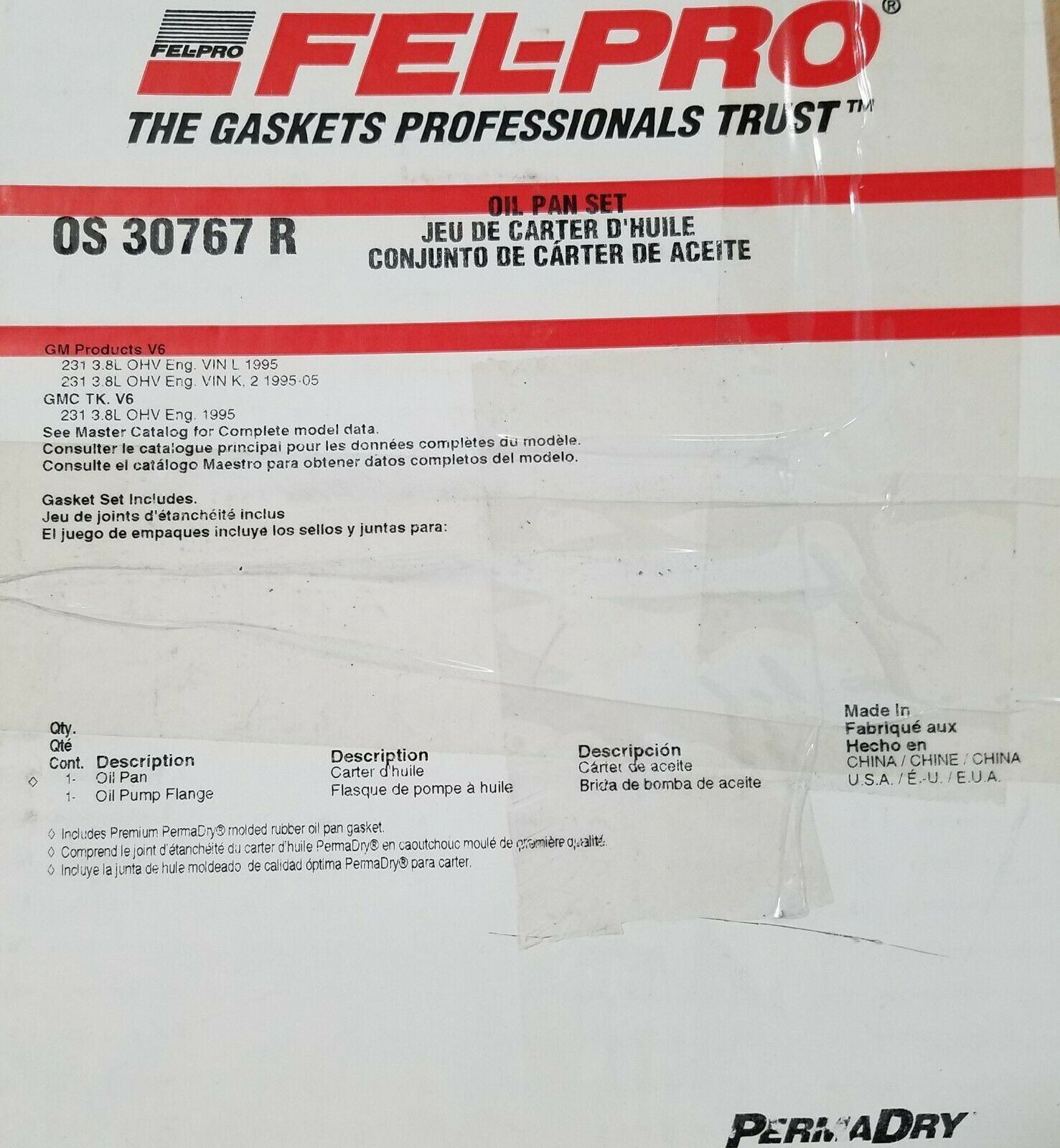 Oil Pan Gasket Fel-Pro OS 30767 R Engine Set + Cross Reference Oil