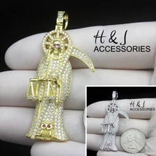 925 STERLING SILVER ICY BLING CZ GOLD PLATED/SILVER SANTA MUERTE PENDANT*ASP518