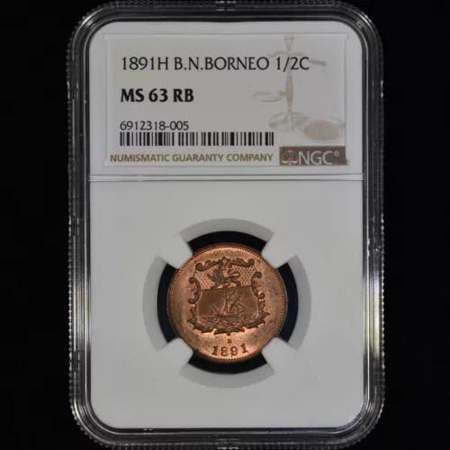 1891 BRITISH NORTH BORNEO 1/2C  ✪ NGC MS-63-RB ✪ COIN H HALF CENT UNC ◢TRUSTED◣