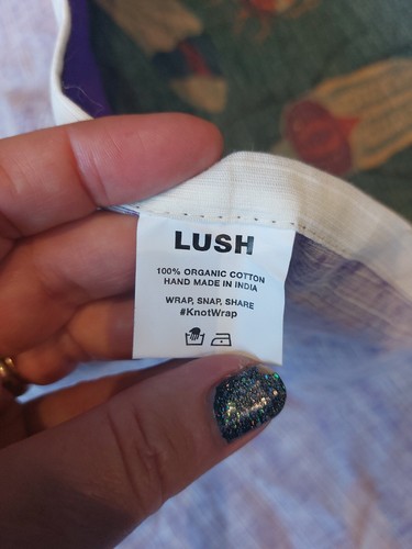 Lush Furoshiki Knot Wrap Orange Bats on Purple 100% Organic Cotton Large 70cm - Picture 7 of 11