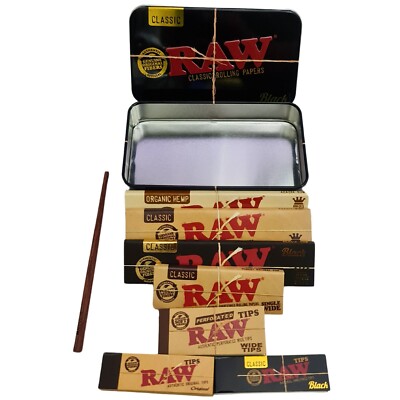 RAW Rolling Kit 9-in-1 Blechdose, Papiere, Tips, Poker Classic, schwarz, Bio Hanf