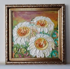 Blooming Saguaro Cactus Desert Flowers 6x6" Impasto oil painting original Framed