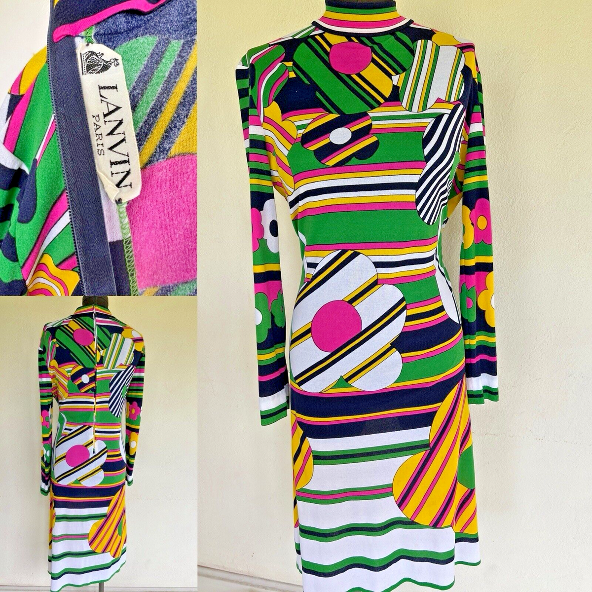 Vtg 70's LANVIN Hippie Op Art Geometric Abstract Floral Prints Jersey Dress  M L