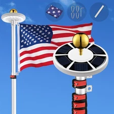 EZ GO 20 Ft Telescopic Flag Pole Kit with 26 LED Solar Light US Flag Gold Ball