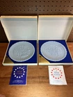Fenton Blue Glass 1976 Bicentennial Plates with Original Boxes Papers Liberty