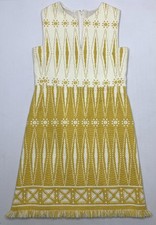 TORY BURCH Size 2 Savora Fringe Yellow White Woven Short Dress P140