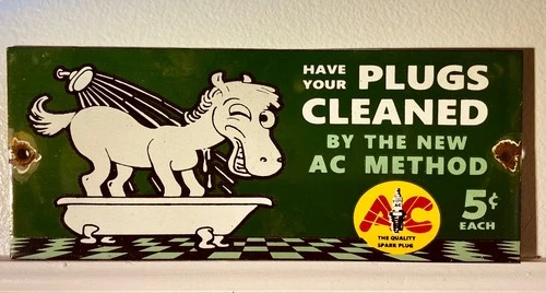 AC SPARK PLUG VINTAGE PORCELAIN ENAMEL SIGN 5" X 12" INCH SINGLE SIDE