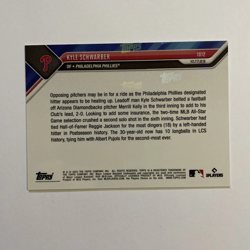 Kyle Schwarber - 2023 MLB TOPPS NOW Card 1012 - Blue Parallel 47/49 NLCS HISTORY - Image 3 of 3