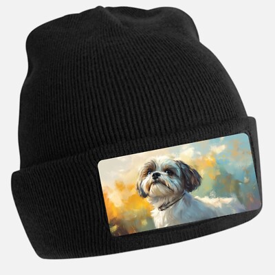 Schwarze Beanie Mütze mit Majestätisches Shih Tzu Hund Motiv Unisex Baumwolle