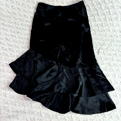 Cinq à Sept Women's 100% Silk Black Satin Ruffle Hem Evening Party Skirt, Size 8