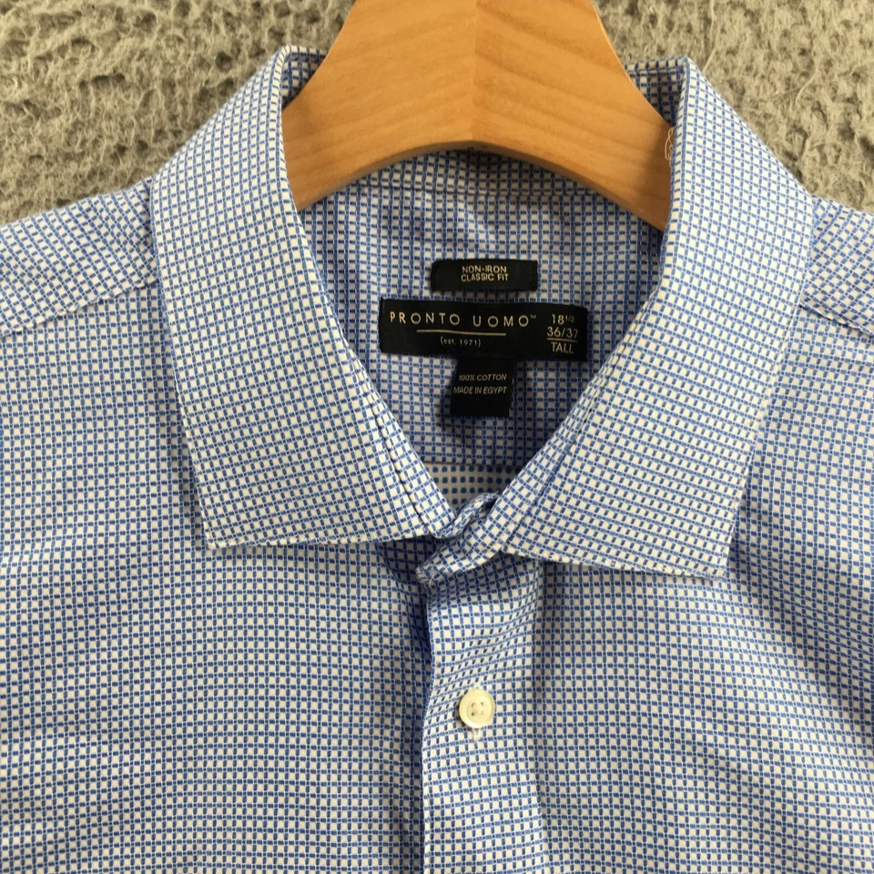 Camisa de vestir Pronto Uomo calce clásico para hombre 18,5 de alto azul a cuadros algodón manga larga Foto 3 de 4