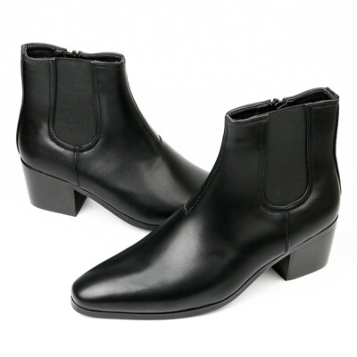 Men's Pointed  Chelsea Boots Cuban Heels pull on Formal Dress shoes Ankle Boots