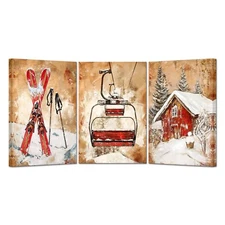 KREATIVE ARTS 3 Piece Vintage Ski Lift Canvas Wall Art, Red Mountain Winter S...