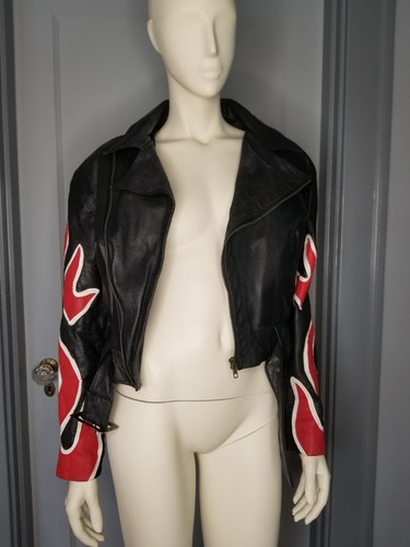 WhereMi Michael Hoban 1991 north beach Flames Fire Leather Motorcycle Jacket M - Picture 7 of 8