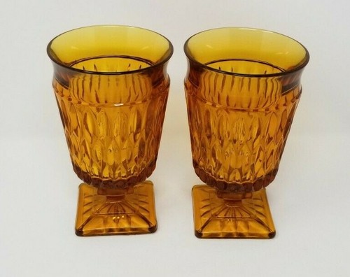 2 Vintage Indiana Amber Glass Mt. Vernon Water Footed Goblet Glass Square Base - Picture 2 of 10