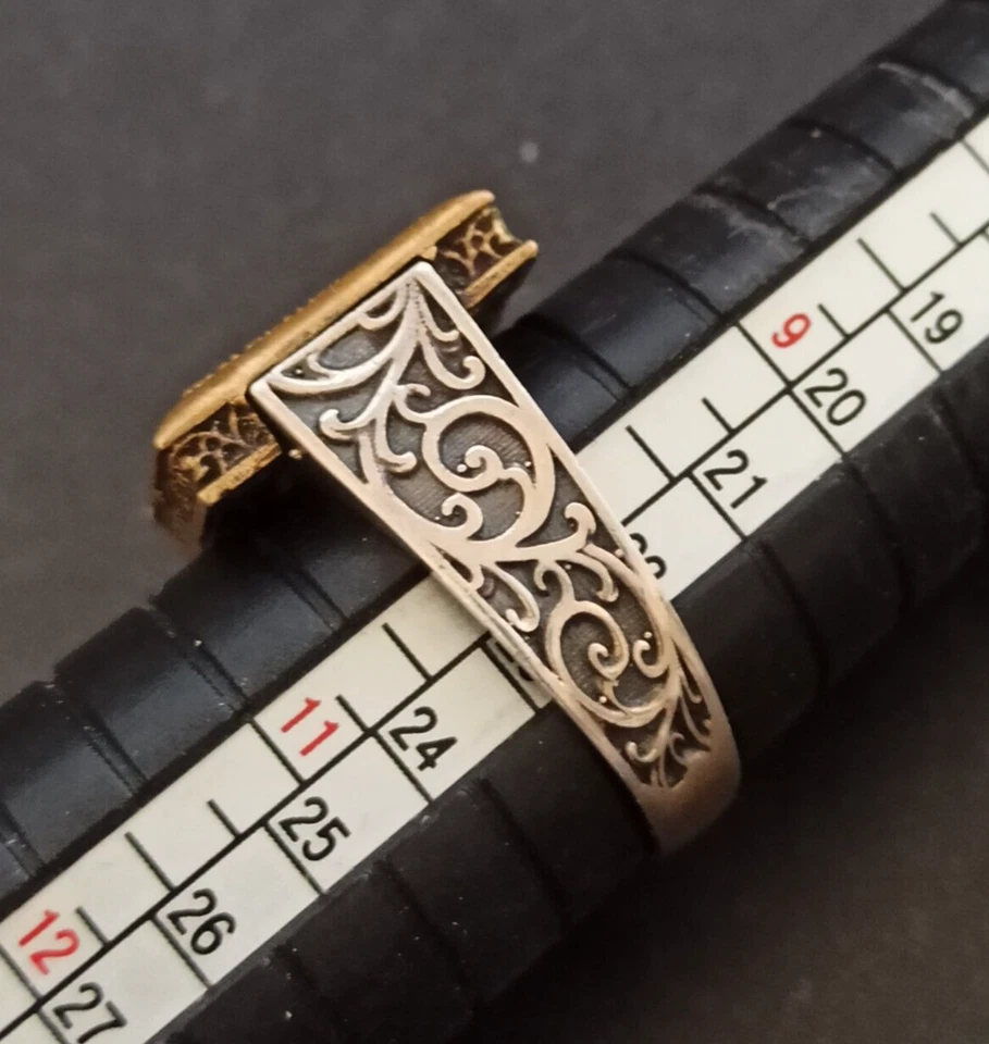 Anillo Vintage Para Hombre Plata 925 Cuarto Negro Bronce 10.25 Art Deco Renacimiento Cuadrado Foto 3 de 4