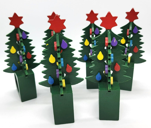 Dept 56 Napkin Rings Christmas Tree Wooden Multicolor Bulbs Star - Set of 6 - Picture 3 of 7