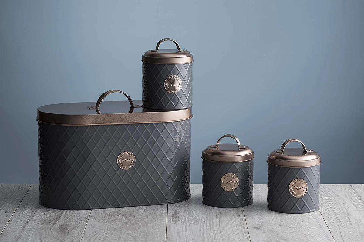 Typhoon Grey Tea Coffee Sugar Canisters with Copper Lids Kitchen