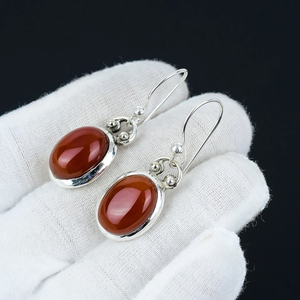 Orecchino In Argento Sterling 925 Fatto A Mano In Gemma Carneola Per Donne - Immagine 3 di 4
