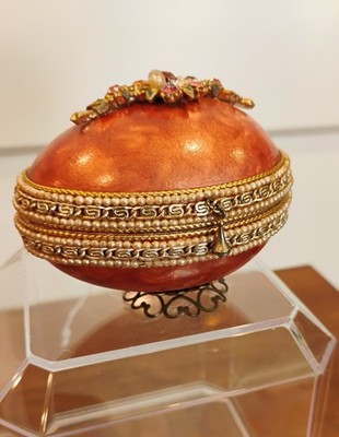Vintage Red Brown Enameled Trinket Box Fabergé Style Egg Jewel Rhinestone Beads