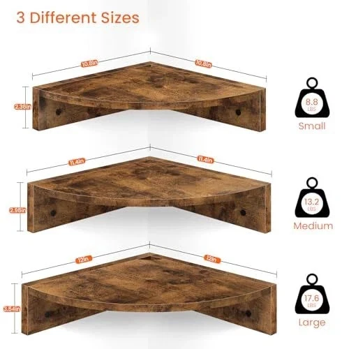  Угловая полка настенное крепление, набор из 3 плавающих угловых полок со шнуром коричневый - Изображение 2 из 4