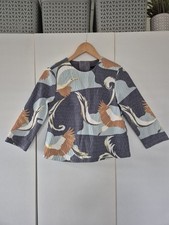 H&M Textured Bird Print Top Grey Blue 3/4 Sleeve Zip Back UK 6 EUR 34
