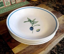 SET of (4) Over and Back 9.25" Italian Pasta Bowls White Olive Graphics EUC