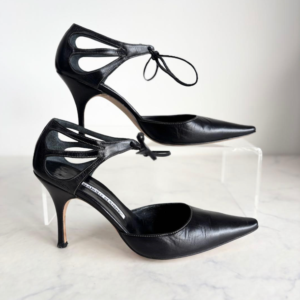 Manolo Blahnik Lace-up D'Orsay Heel Pumps Black Leather Size 36.5